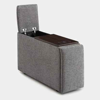 Ohana Power Console in gray fabric with open storage and dark wood top for modern living - CHITA Living