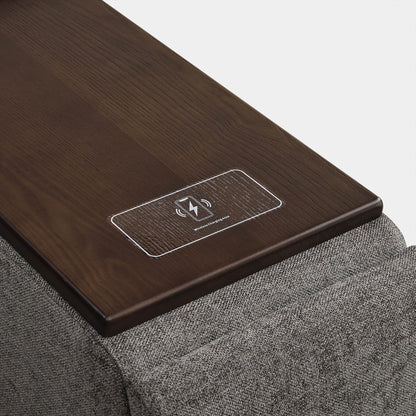 Close-up of Ohana Power Console dark wood top with wireless charging logo - CHITA Living