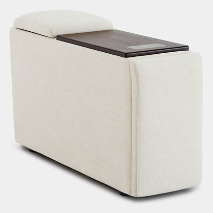 Modular power console with beige fabric and dark wood top for stylish living - CHITA Living