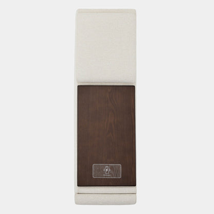 Top view of Ohana Power Console in beige fabric with dark wooden surface - CHITA Living