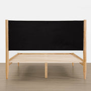 Solace Full Solid Wood Bed with black upholstered headboard and natural wood slatted support - CHITA Living