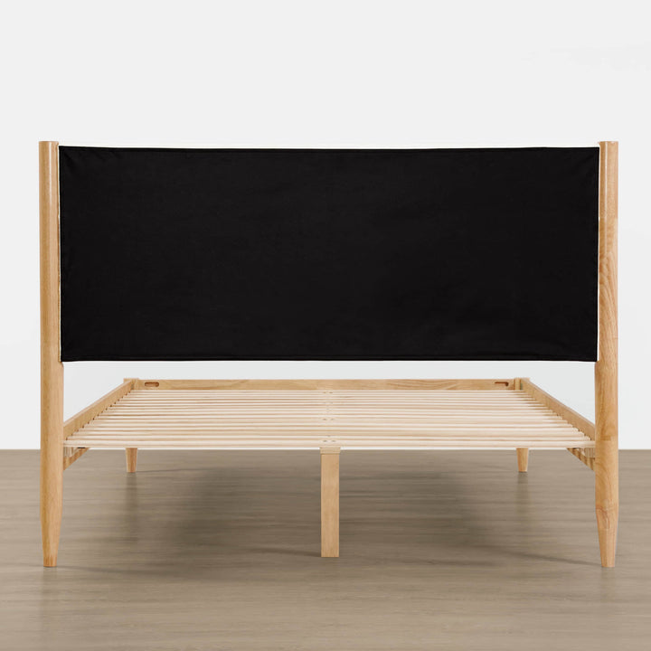 Solace Full Solid Wood Bed with black upholstered headboard and natural wood slatted support - CHITA Living