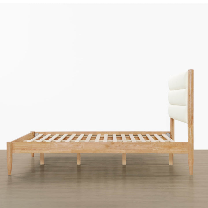 Side view of Solace Full Bed with boucle headboard and natural wood slats - CHITA Living