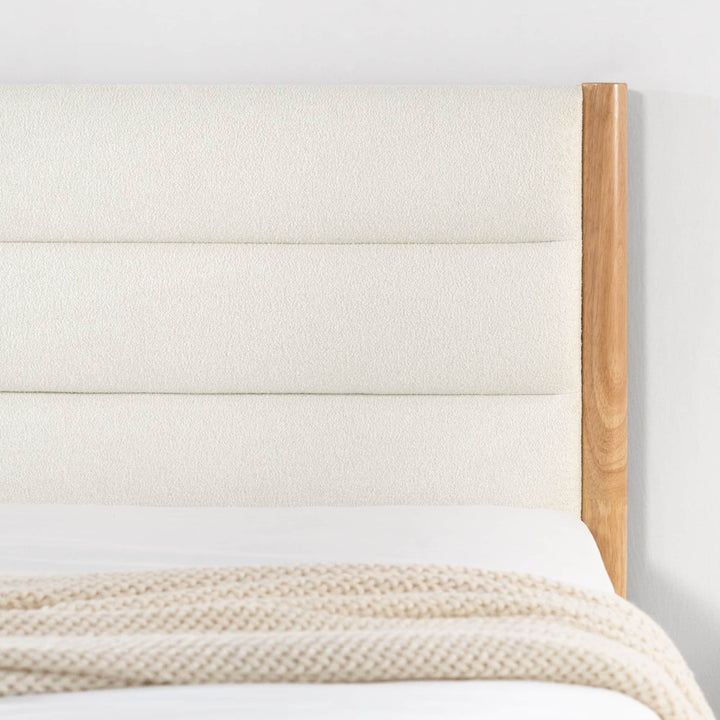 Boucle upholstered headboard and natural wood frame of Solace Full Bed - CHITA Living
