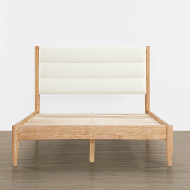 Solace Queen bed with light wood frame and soft boucle upholstered headboard - CHITA Living