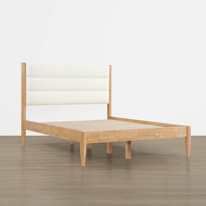 Modern Solace Full Bed with light boucle upholstered headboard and natural wood frame - CHITA Living