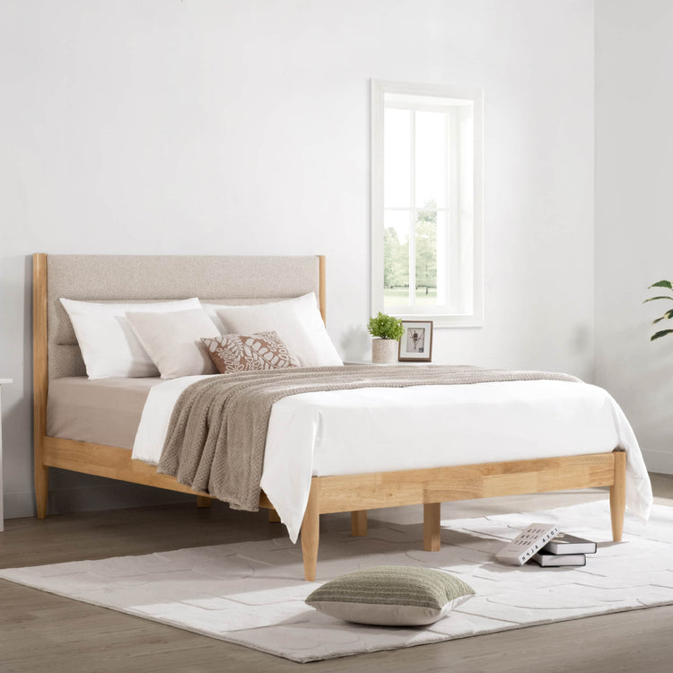 Modern Solace Full Wood Bed with boucle headboard and cozy bedding in bright room - CHITA Living