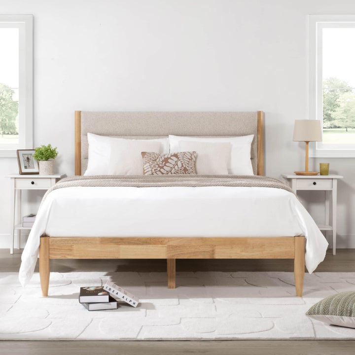 Solace Full Solid Wood Bed with boucle upholstered headboard and cozy bedding - CHITA Living