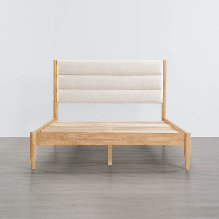 Solace Full Solid Wood Bed with light boucle upholstered headboard and natural wood frame - CHITA Living
