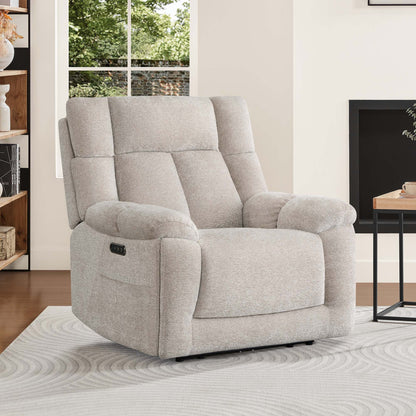 The Sonia Recliner, in soft beige fabric, features built-in Bluetooth speakers and power lumbar support for ultimate comfort.