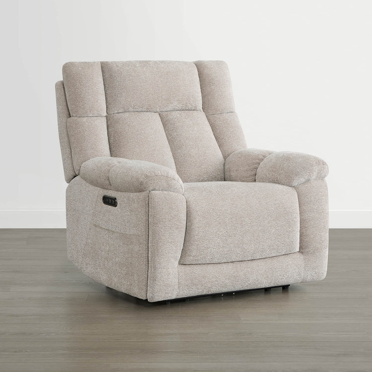 The Sonia Recliner, in beige fabric, offers Bluetooth speakers and power lumbar support for ultimate relaxation.