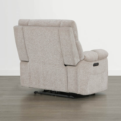 The Sonia Recliner, in beige fabric, features Bluetooth speakers and power lumbar support for ultimate comfort.