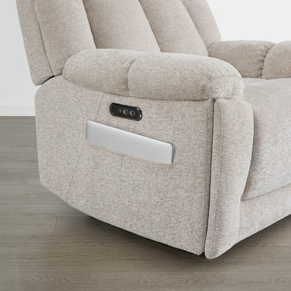 The Sonia Recliner, in beige fabric, features Bluetooth speakers and power lumbar support with a side cup holder.