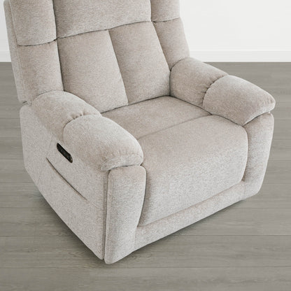 The Sonia Recliner, in beige fabric, features Bluetooth speakers and power lumbar support for ultimate comfort.