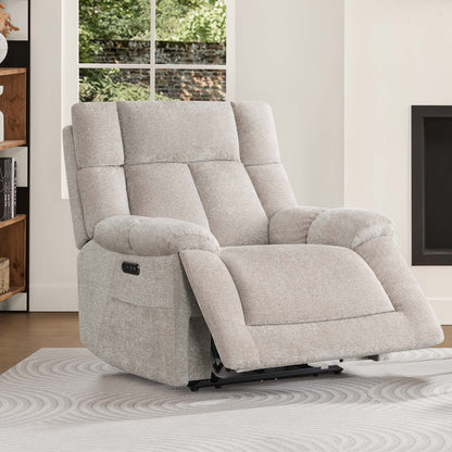 The Sonia Recliner, in light gray fabric, features built-in Bluetooth speakers and power lumbar support for ultimate comfort.