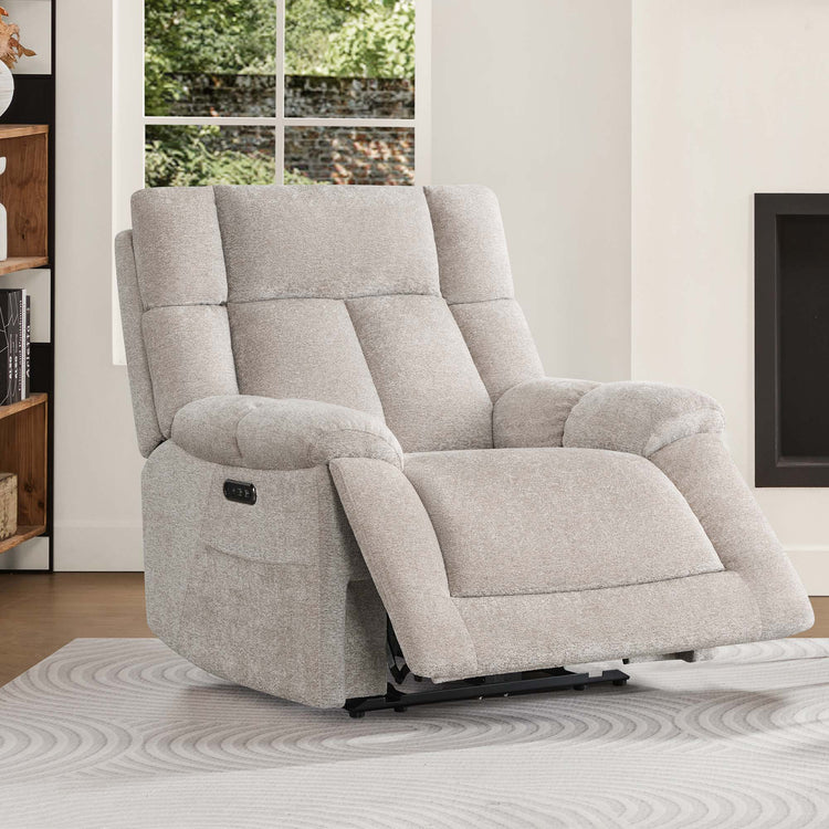 The Sonia Recliner, in light gray fabric, features built-in Bluetooth speakers and power lumbar support for ultimate comfort.