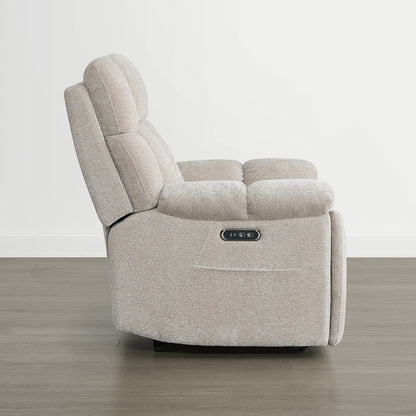 The Sonia Recliner, in beige fabric, features Bluetooth speakers and power lumbar support for ultimate comfort.