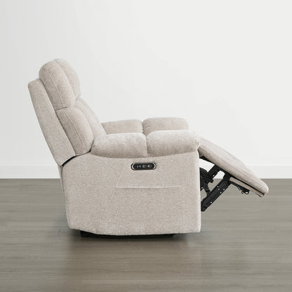 The Sonia Recliner, in beige fabric, features Bluetooth speakers and power lumbar support with an extended footrest.