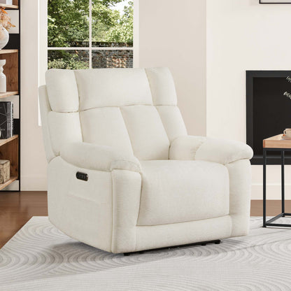 The Sonia Recliner, in cream fabric, offers Bluetooth speakers and power lumbar support for ultimate comfort.