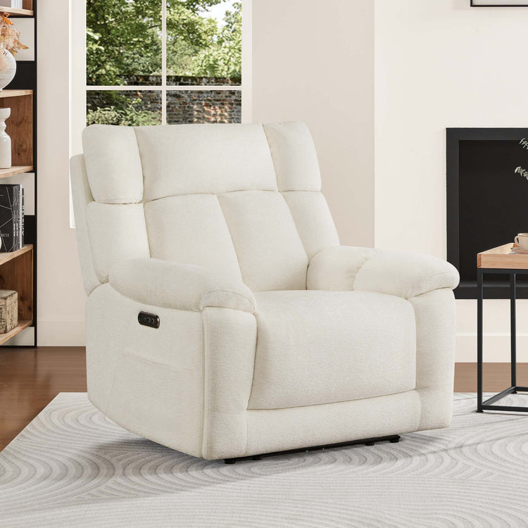 The Sonia Recliner, in cream fabric, offers Bluetooth speakers and power lumbar support for ultimate comfort.