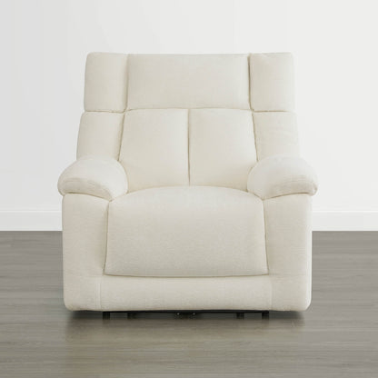 The Sonia Recliner, in cream fabric, features Bluetooth speakers and power lumbar support for ultimate comfort.