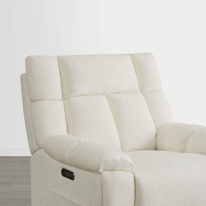 The Sonia Recliner, in cream fabric, features Bluetooth speakers and power lumbar support for ultimate comfort.