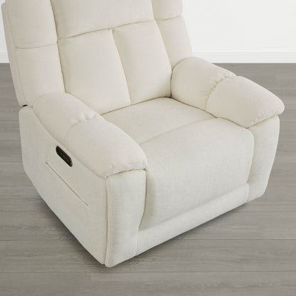 The Sonia Recliner, in cream fabric, features Bluetooth speakers and power lumbar support for ultimate comfort.