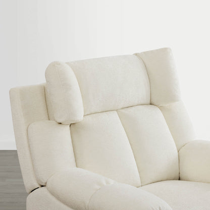 The Sonia Recliner, in cream fabric, offers Bluetooth speakers and power lumbar support for ultimate comfort.