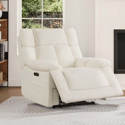 The Sonia Recliner, in soft white fabric, offers Bluetooth speakers and power lumbar support for ultimate relaxation.