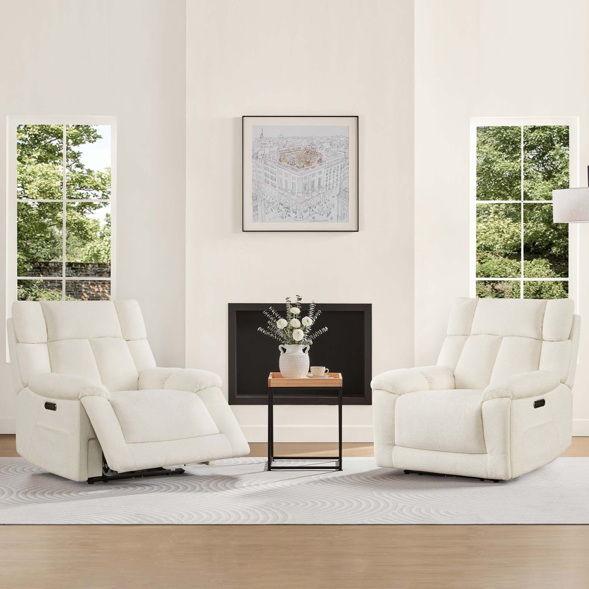 The Sonia Recliner, in white fabric, features Bluetooth speakers and power lumbar support, set in a cozy living room.