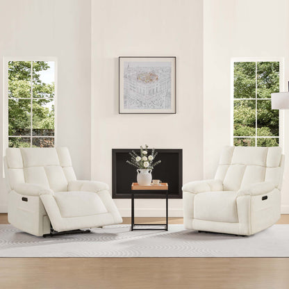 The Sonia Recliner, in white fabric, features Bluetooth speakers and power lumbar support, set in a cozy living room.