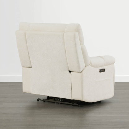 The Sonia Recliner, in cream fabric, features Bluetooth speakers and power lumbar support for ultimate comfort.