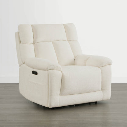 The Sonia Recliner, in cream fabric, features Bluetooth speakers and power lumbar support for ultimate comfort.