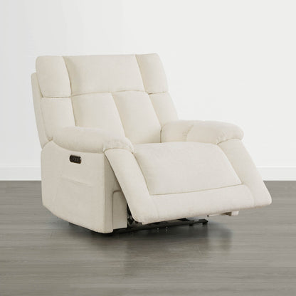 The Sonia Recliner, in cream fabric, features Bluetooth speakers and power lumbar support for ultimate comfort.