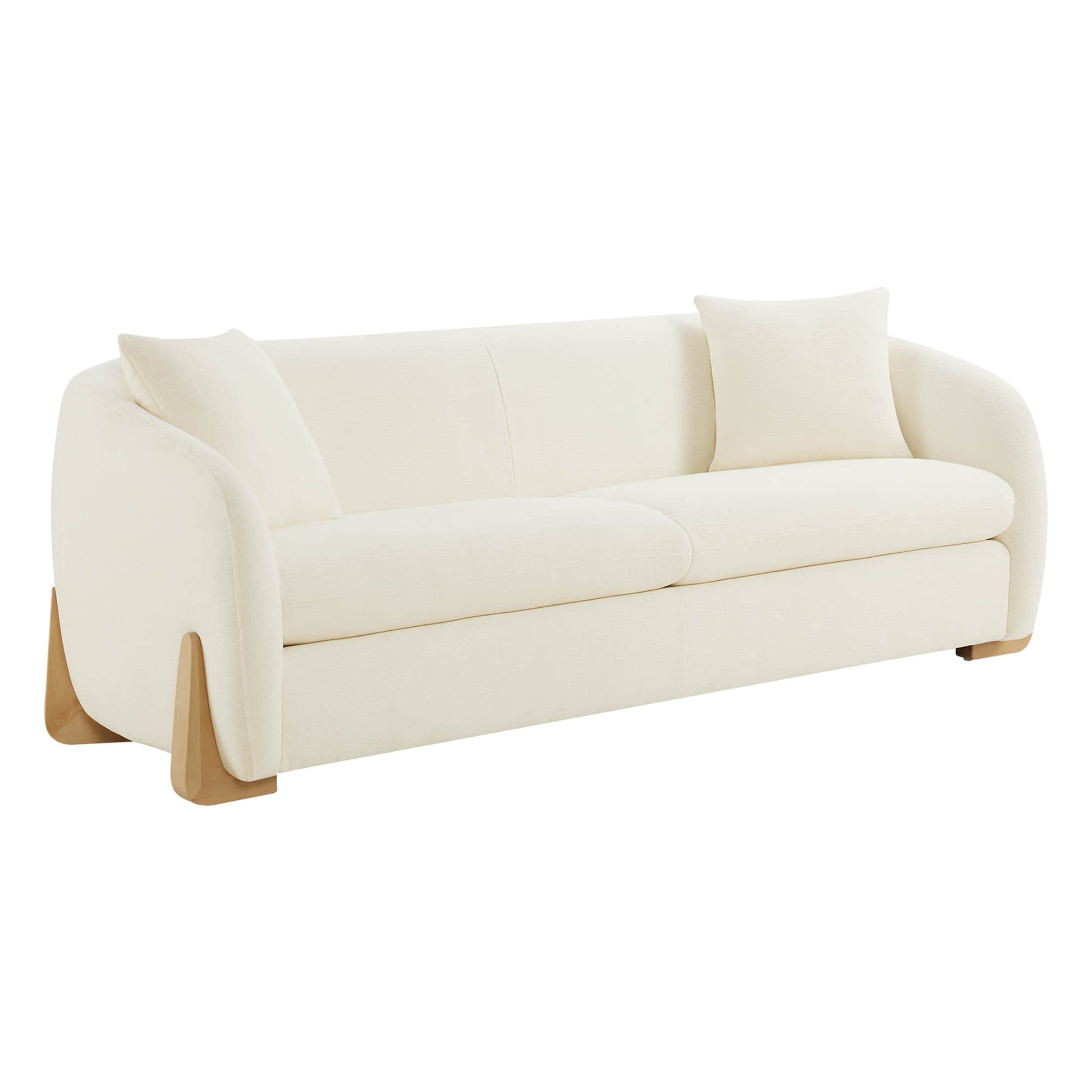 Modern sofa with curved design, cream upholstery, and wooden legs
