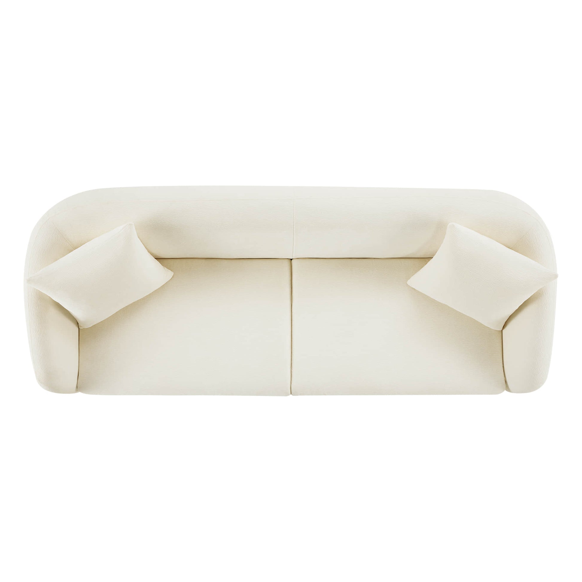 Top view of a modern sofa with cream upholstery and two cushions.