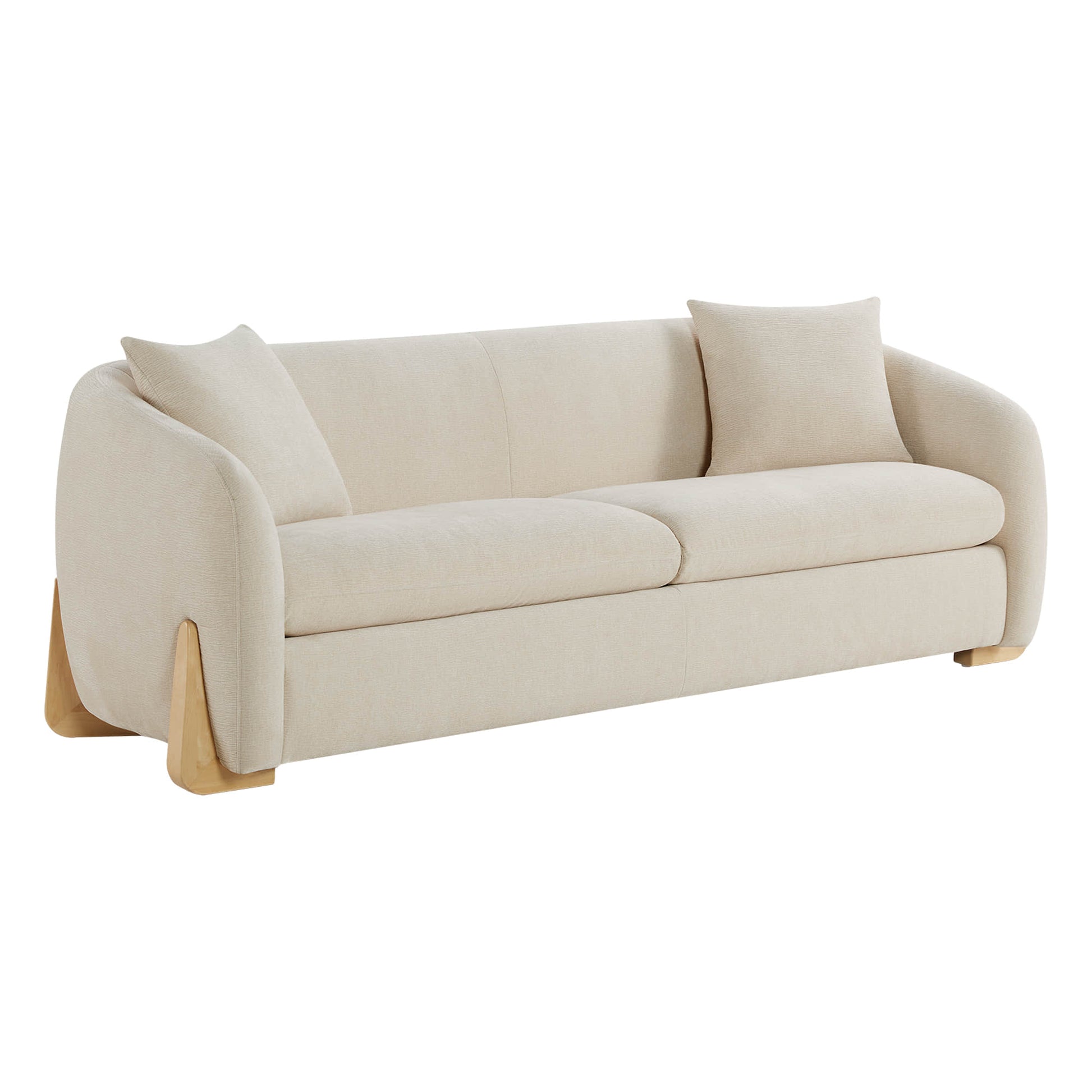 Front view of a modern cream sofa with a smooth, rounded design and wooden legs, featuring two cushions on the seating area.