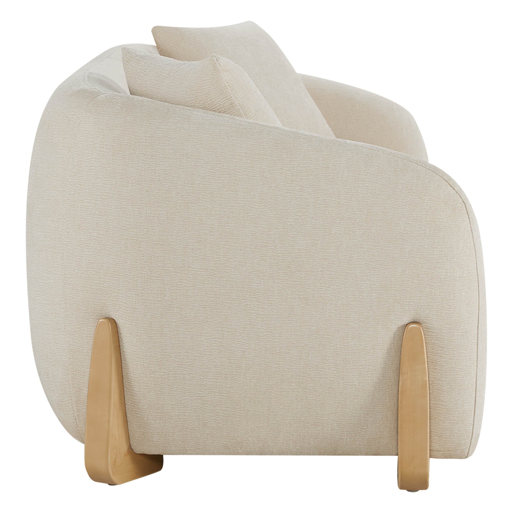 Side view of a modern sofa with wooden accents and rounded design.
