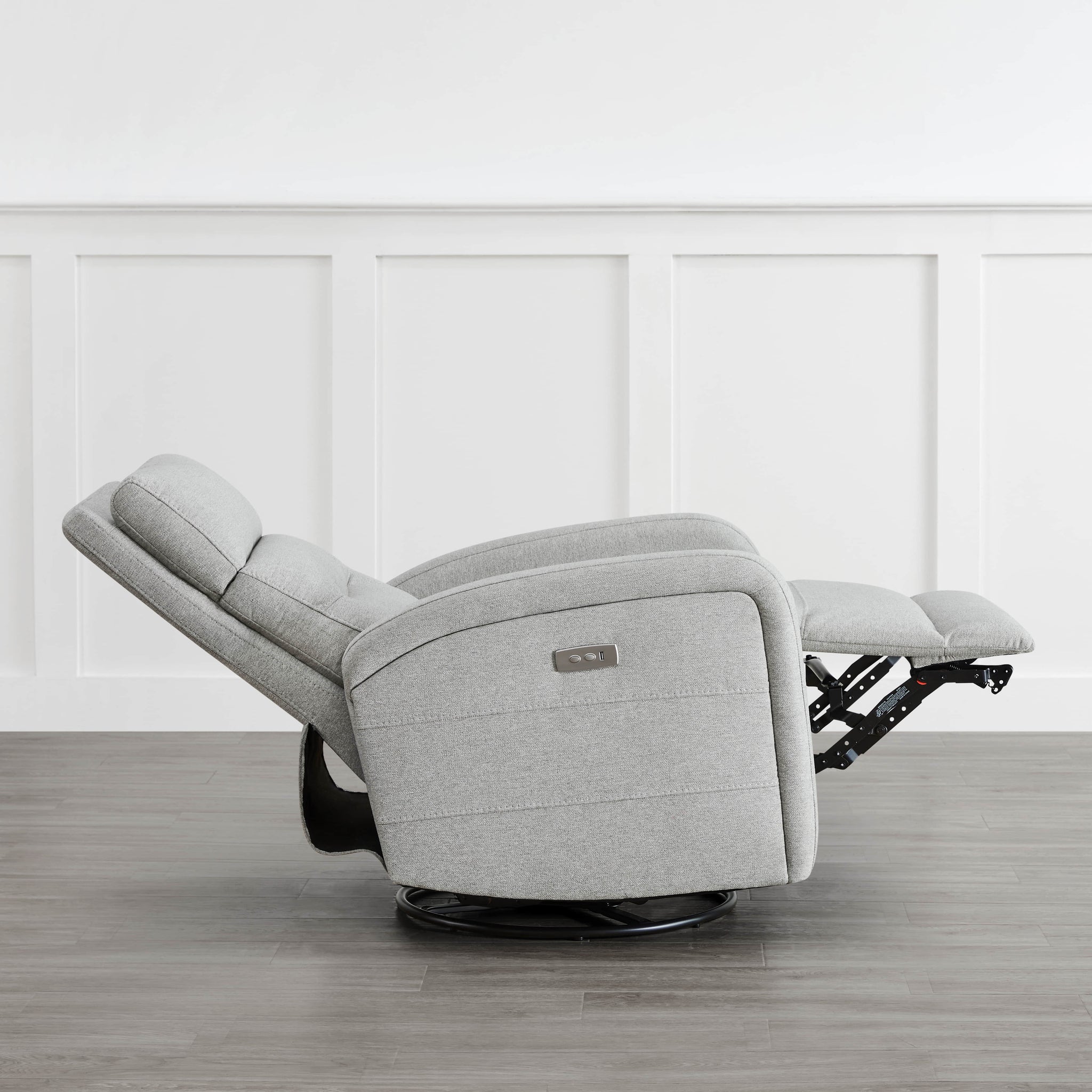 Light gray Theo Power Swivel Glider Recliner in reclined position with side control panel - CHITA Living