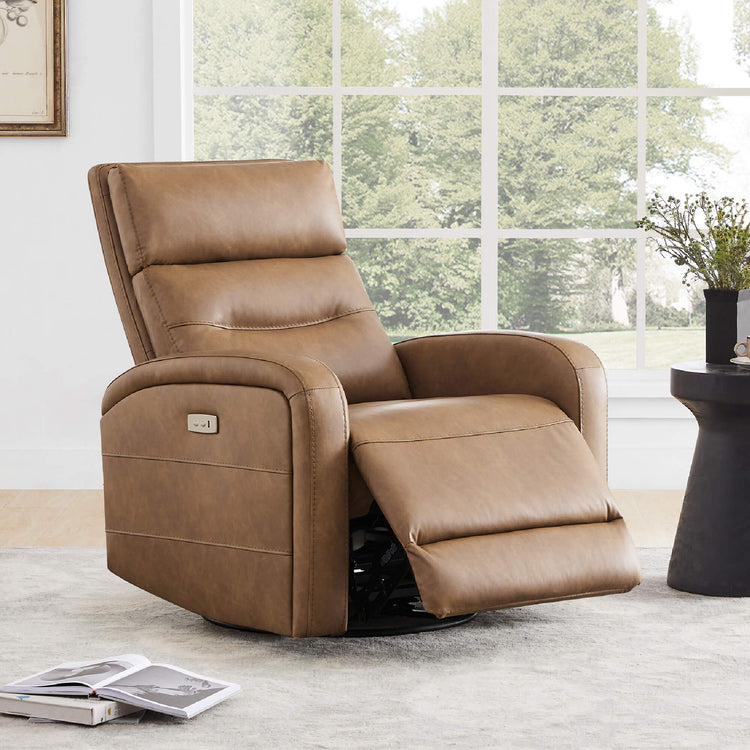 Theo Power Swivel Glider Recliner in brown fabric, featuring a sleek design and side controls - CHITA Living