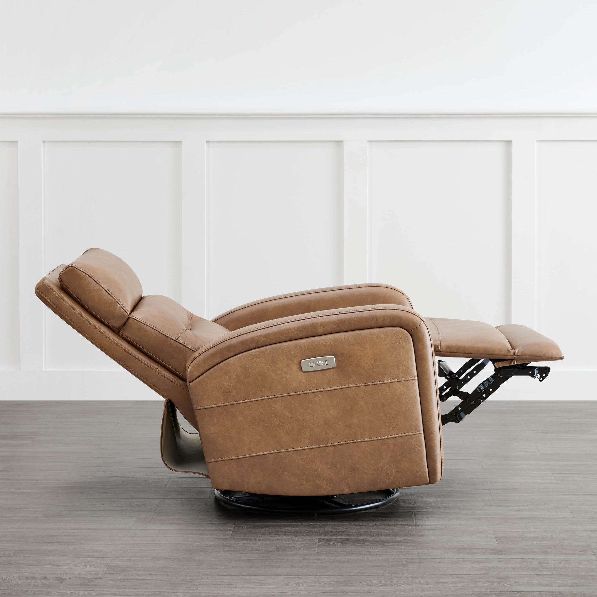 Brown Theo Power Swivel Glider Recliner in reclined position, showcasing sleek design and extended footrest - CHITA Living