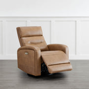 Theo Power Swivel Glider Recliner in tan leather, featuring swivel base and reclining function - CHITA Living