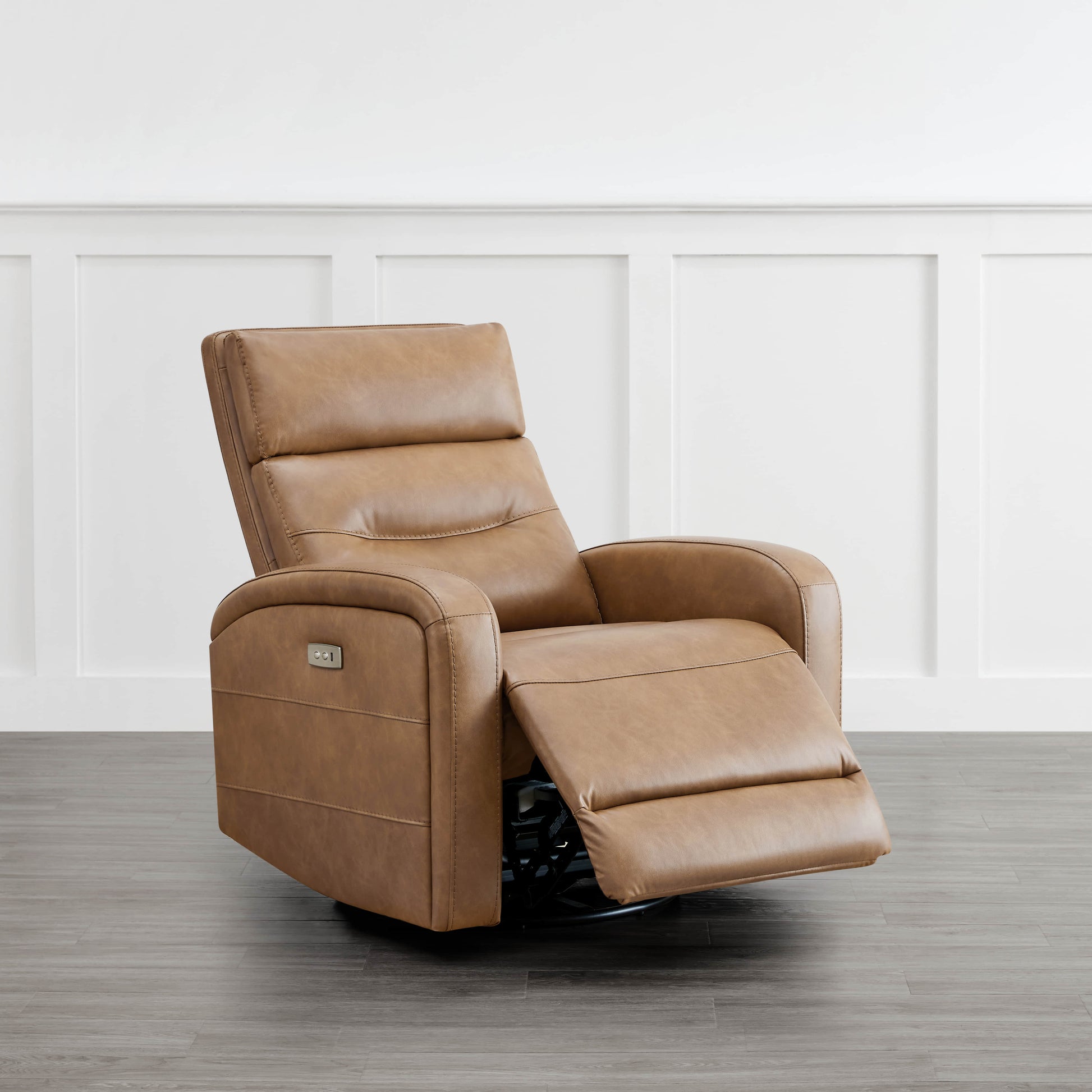 Theo Power Swivel Glider Recliner in tan leather, featuring swivel base and reclining function - CHITA Living