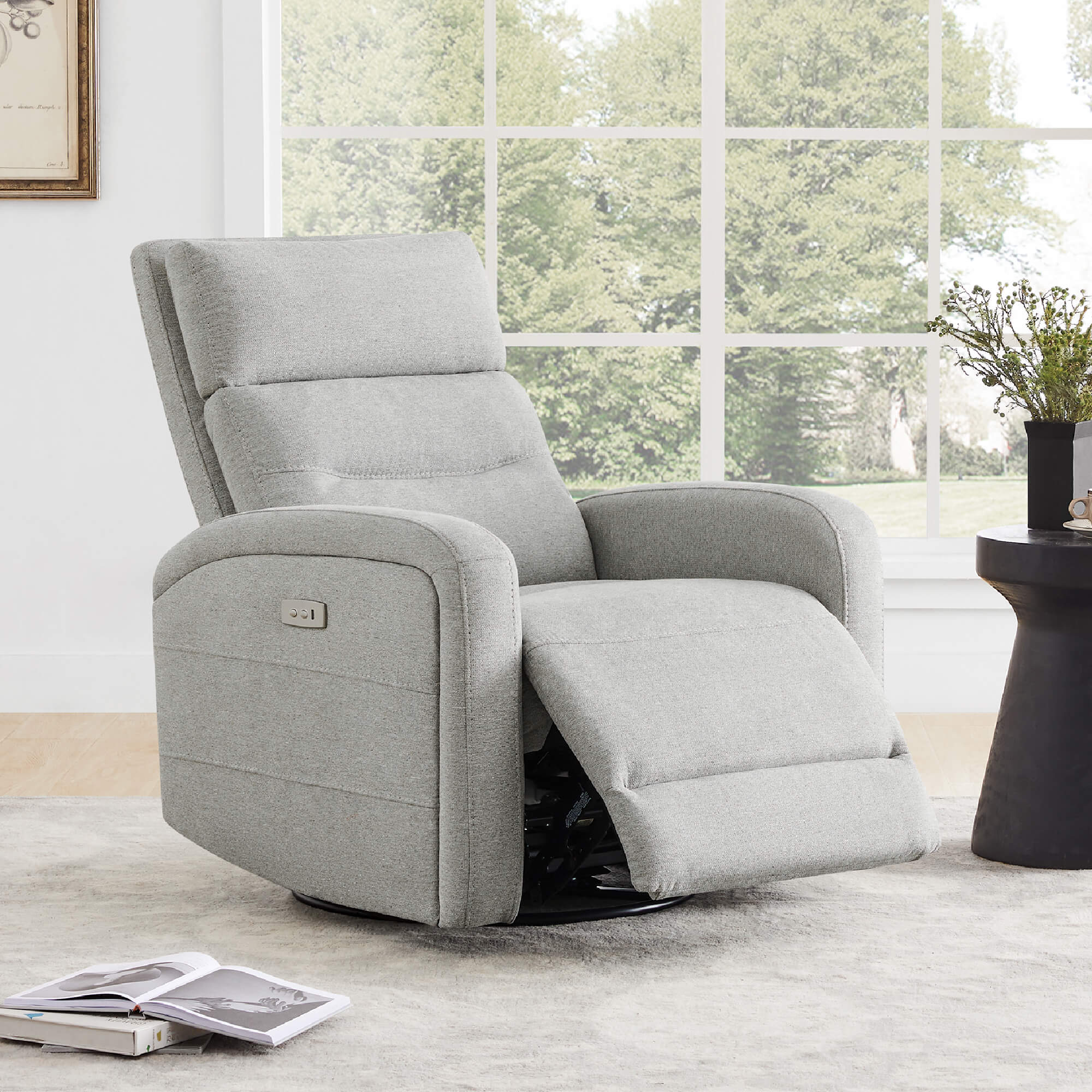 Light gray Theo Power Swivel Glider Recliner with side controls and a modern design - CHITA Living