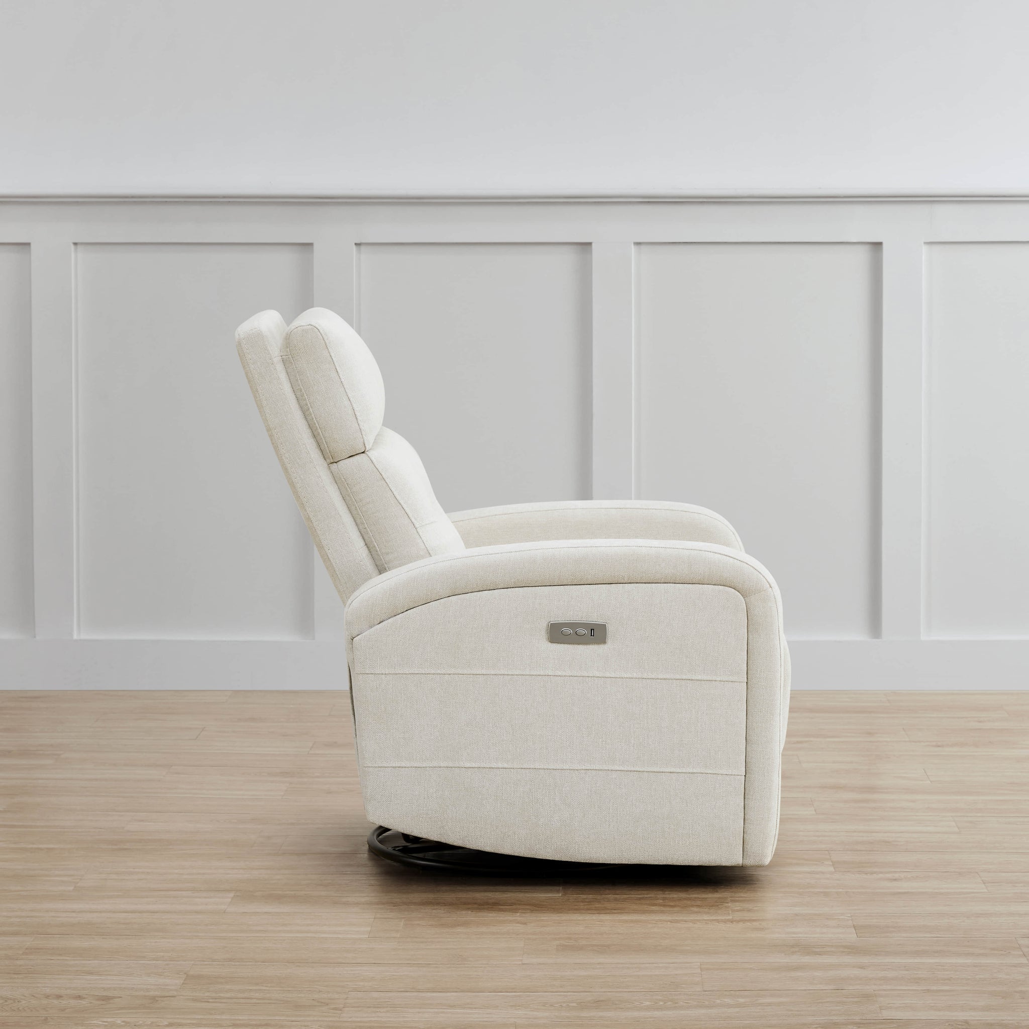 Side view of cream Theo Power Swivel Glider Recliner with extended footrest - CHITA Living