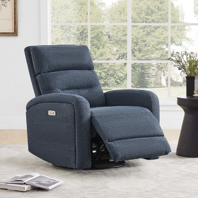 Theo Power Swivel Glider Recliner in dark blue fabric with extended footrest and USB ports - CHITA Living