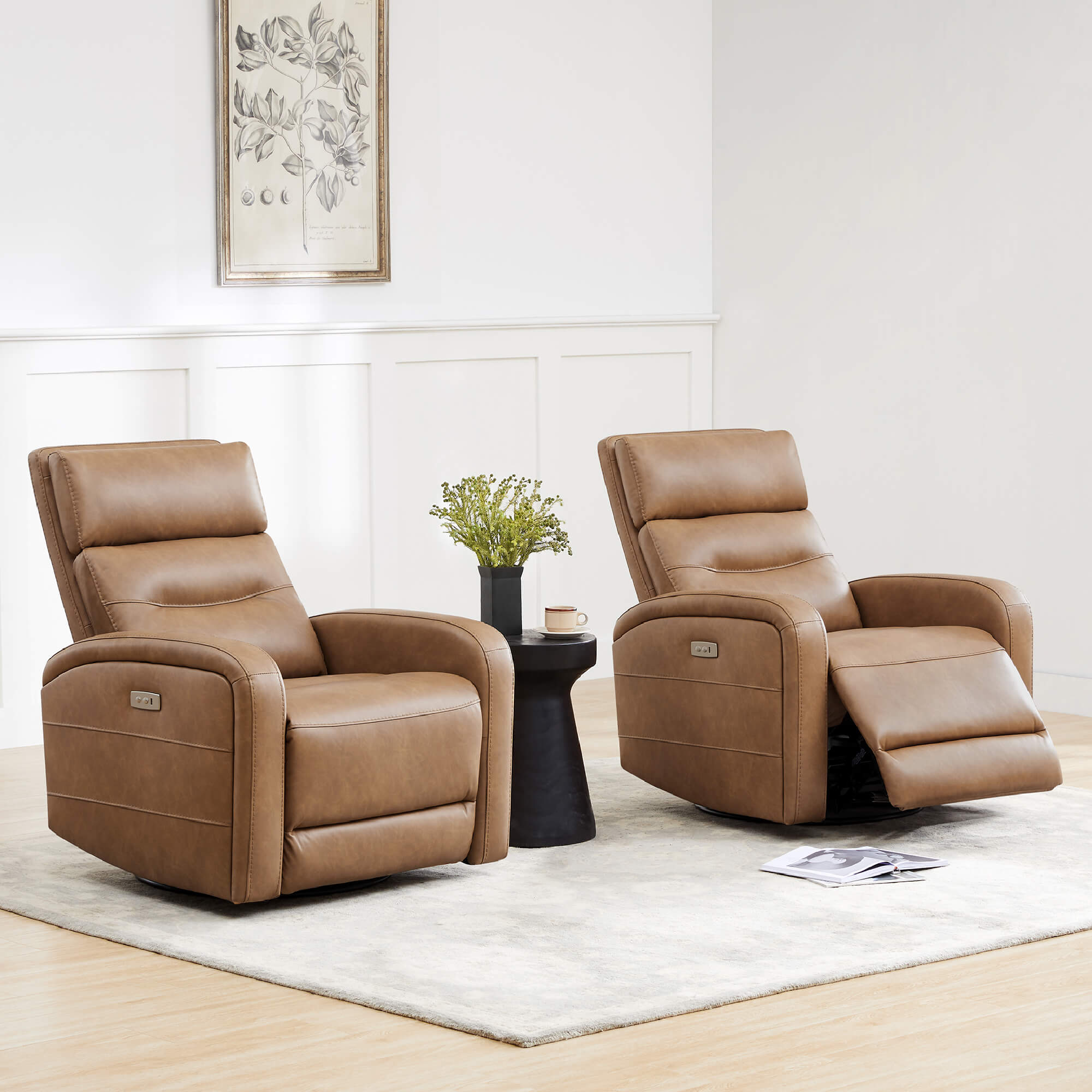 Dual Theo Power Swivel Glider Recliners in warm brown, featuring sleek design and modern comforts - CHITA Living