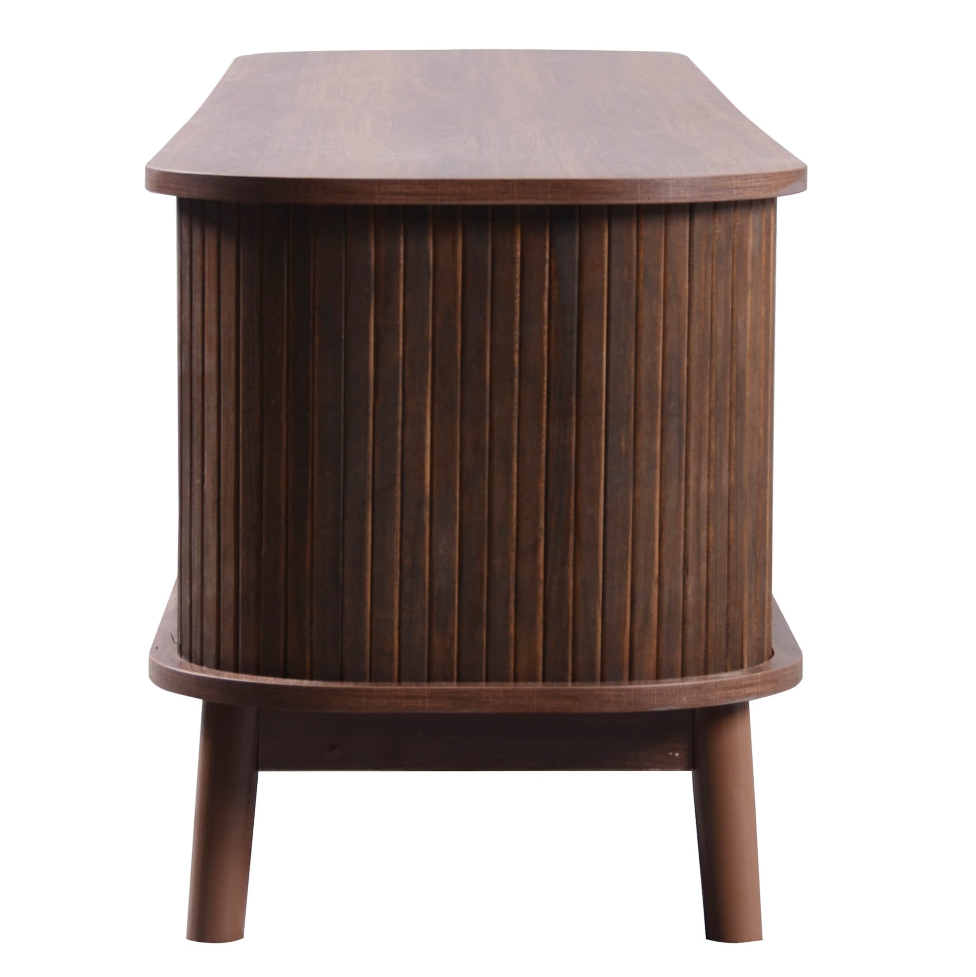 Detailed side view of a dark brown modern tv stand leg and curved body.