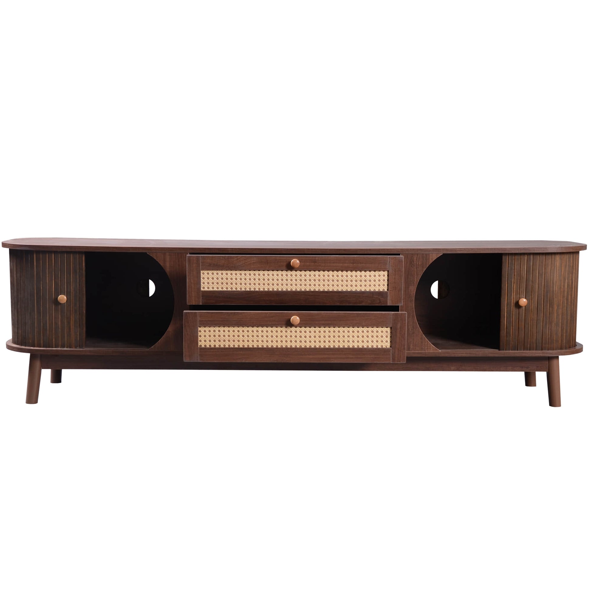 Open storage view of a modern tv stand with two rattan drawers.