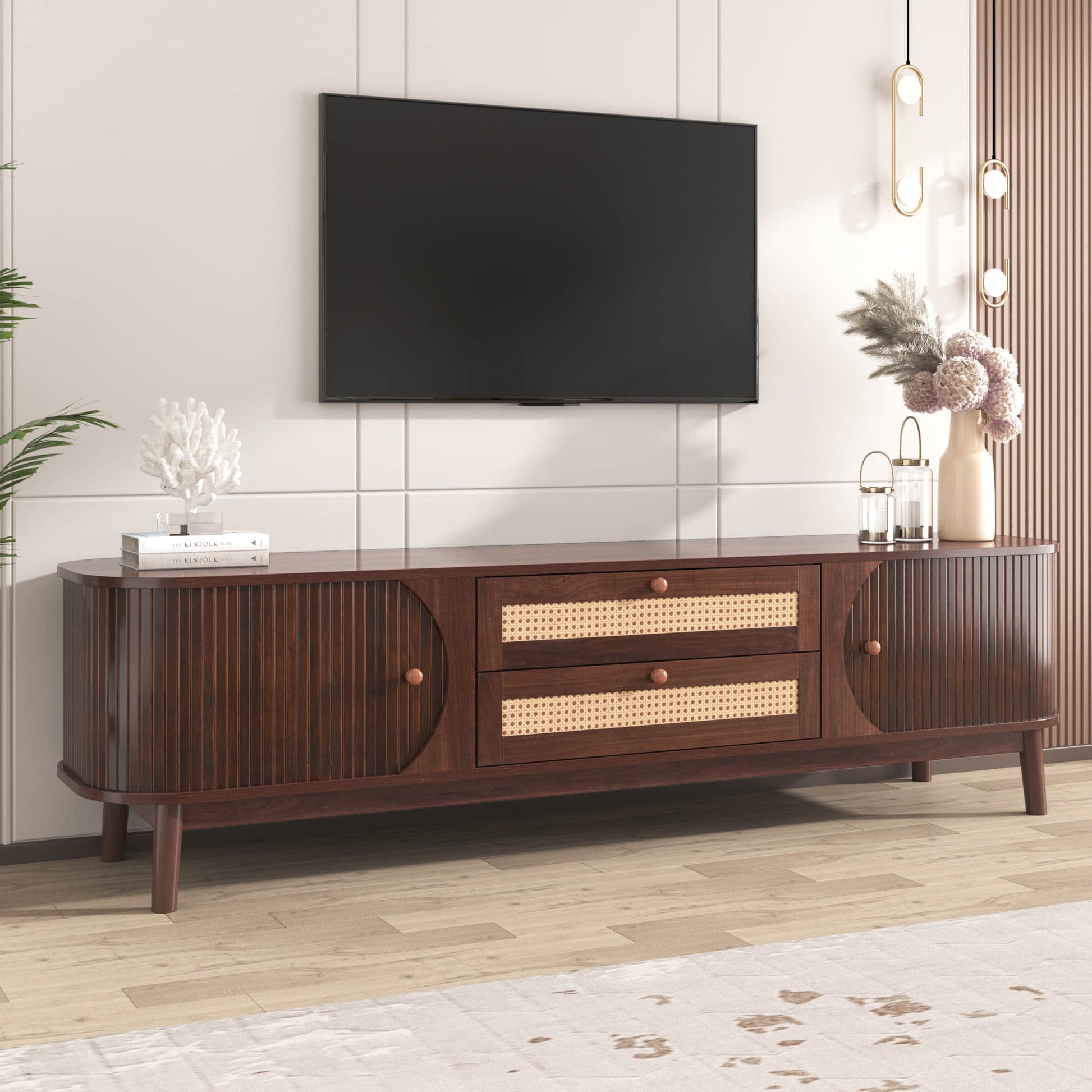 Side perspective of a walnut stand for the tv with light rattan drawers.